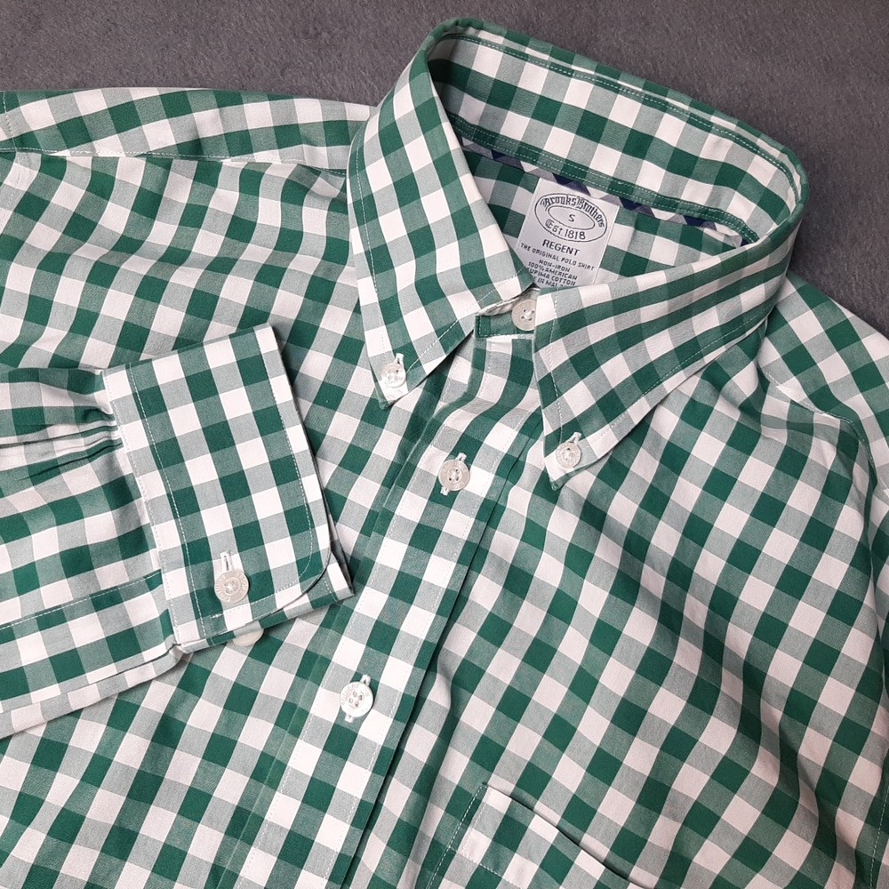 Brooks Brothers Shirt Mens Small Green Regent Check Plaid Supima Cotton Preppy